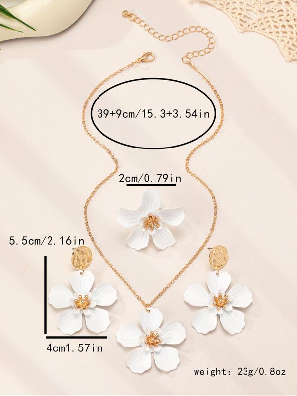 Women's Elegant Flower Design Pendant Necklace & Dangle Earrings & Ring, Exquisite Trendy Jewelry Set, Fashionable Accessories for Women & Girls