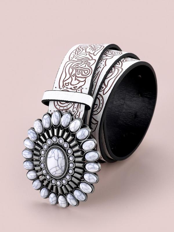 Fashion Random Embossed PU Buckle Belt, Punk White Turquoise Western Belt For Women & Men, All-match Clothes Accessories