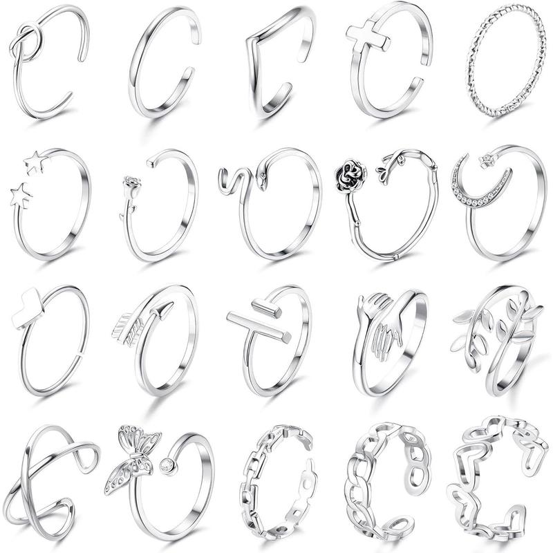 FLORIDECO 20Pcs Open Adjustable Rings Set for Women Stackable Finger Rings Pack Cute Hug Arrow Knot Moon Star Chain Link Rings Minimalist Rings Set Daily