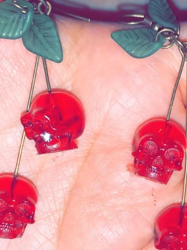 Creative Cherry Skull Design Dangle Earrings, Gothic Style Jewelry for Party, Trendy Holiday Jewelry Gift, Fashion Accessories