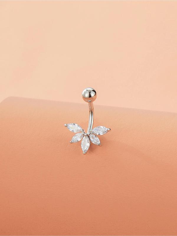 Rhinestone Decorated Belly Button Ring, Fashion Leaf Design Belly Piercing For Women, Fashion Accessories For Women