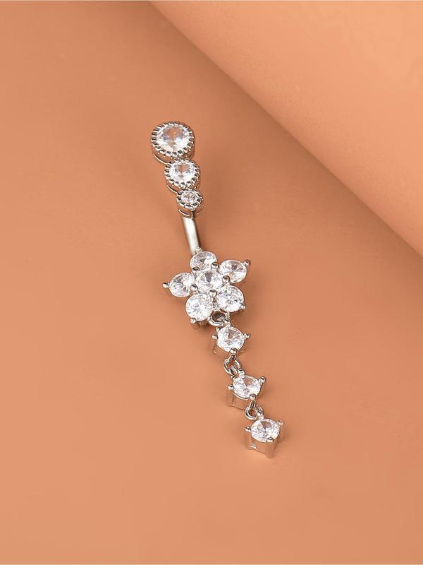 Flower Design Belly Ring, Elegant Rhinestone Decor Belly Piercing Jewelry for Women, Fashion Accessories for Party, Daily Clothing Decor