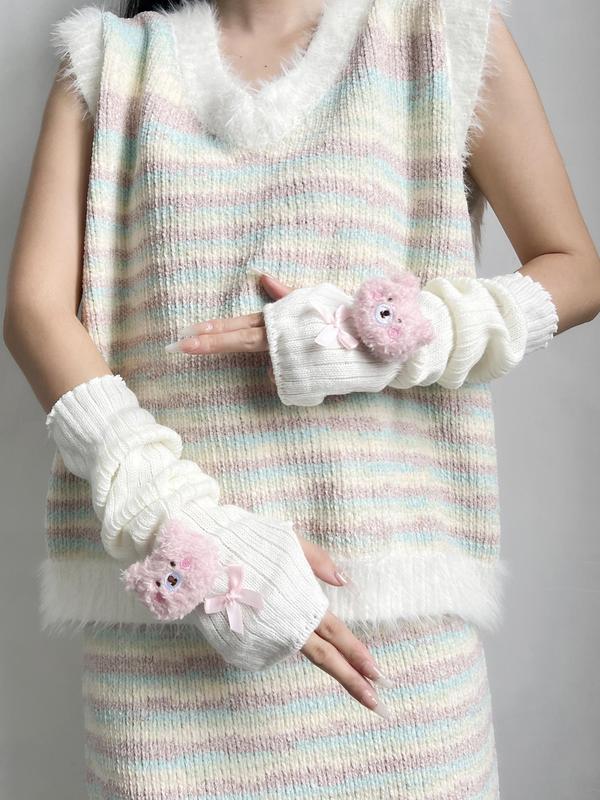 Cute Bear Patched Design Gloves, Women's Bow Decor Warm Gloves for Fall & Winter, Fashion Accessories for Women & Girls