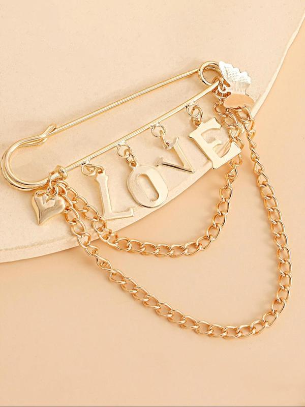 Women's Elegant Letter Love Design Brooch, Exquisite Trendy Chain Tassel Brooch, Fashionable Clothes Accessories for Women & Girls