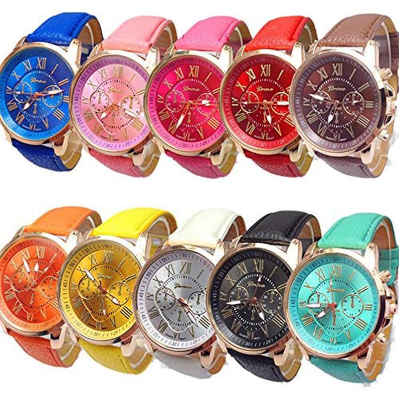 Women Men Lady PU leather band watches Roman numerals dial analog quartz wristwatches (10 pack)