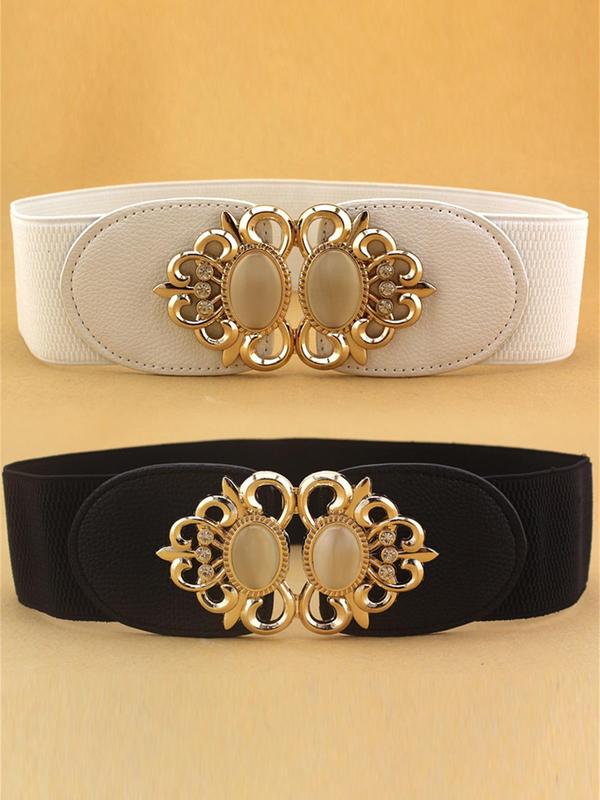 Women's Elegant Rhinestone Decorated Wide Belt, Trendy Elastic Symmetrical Buckle Belt for Jeans & Dress, Fashion Accessories for Daily Use