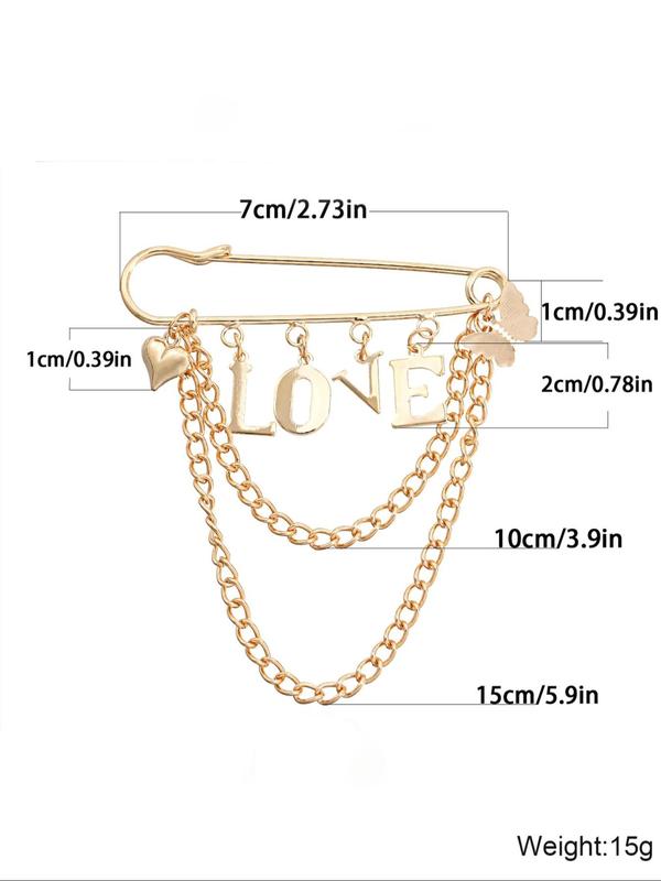 Women's Elegant Letter Love Design Brooch, Exquisite Trendy Chain Tassel Brooch, Fashionable Clothes Accessories for Women & Girls