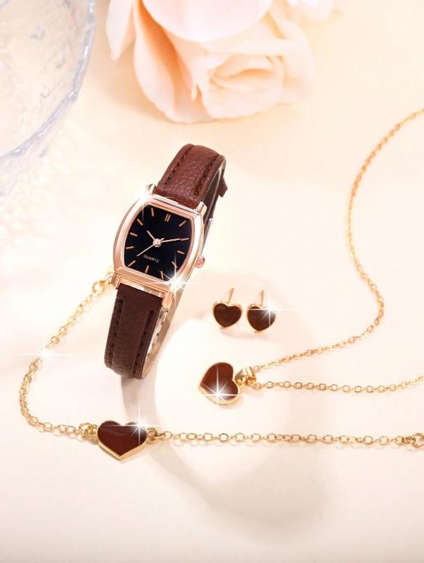 Ladies Brown PU Strap Casual Quartz Watch Set with Heart Necklace, Earrings, and Bracelet - Perfect Gift for Women