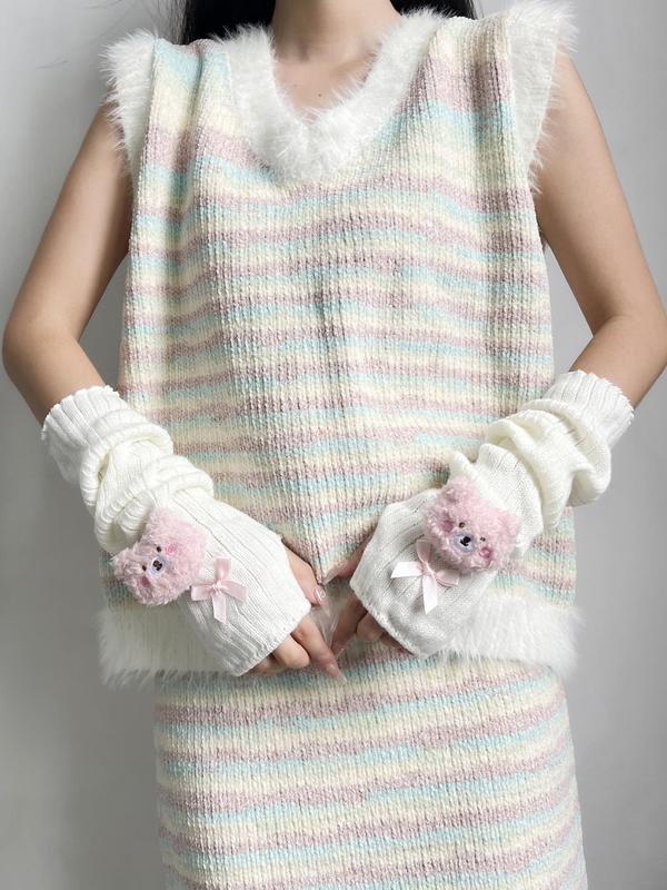 Cute Bear Patched Design Gloves, Women's Bow Decor Warm Gloves for Fall & Winter, Fashion Accessories for Women & Girls