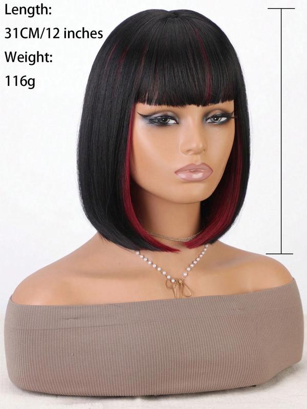 12 Inch Short Straight Black & Red Highlight Bob Wig with Bangs, Fashionable Gorgeous Fluffy Wigs for Women, Synthetic Full Machine Wigs for Party, Daily Use