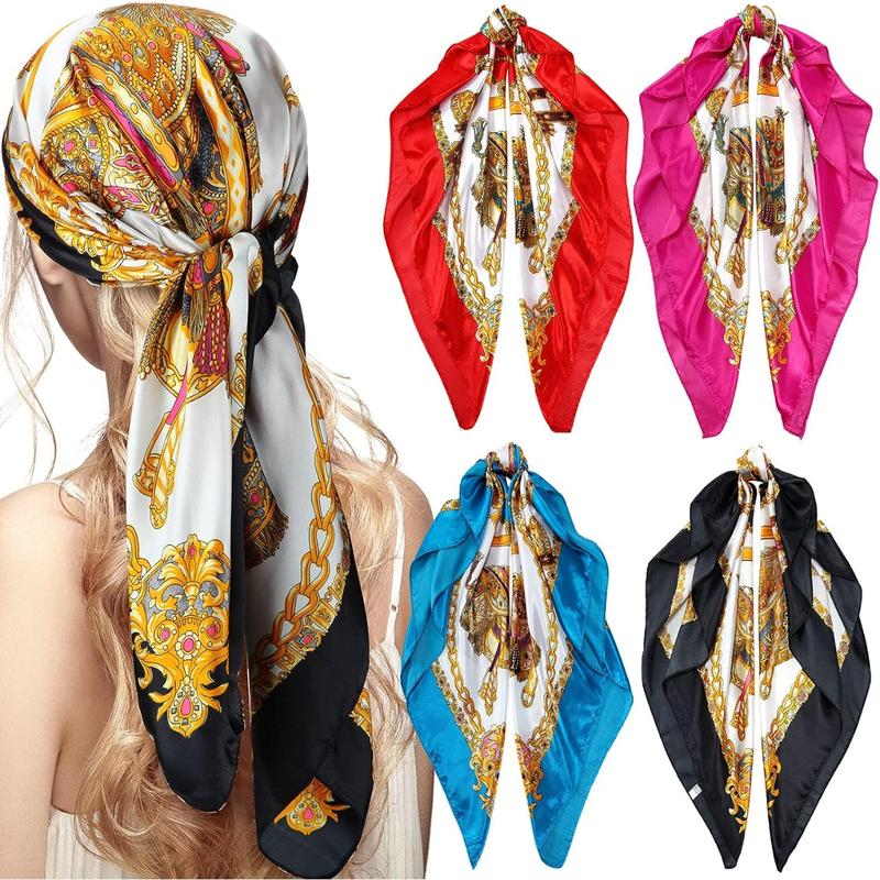 4 Pieces 35 Inch Satin Head Scarves Large Square Silky Feeling Headband Satin Boho Hair Bandanas for Women Girls