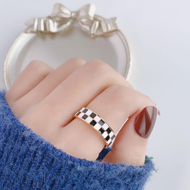 Checkerboard Bands Statement Finger Ring  Gold Black White Titanium steel Ring Size 5-10