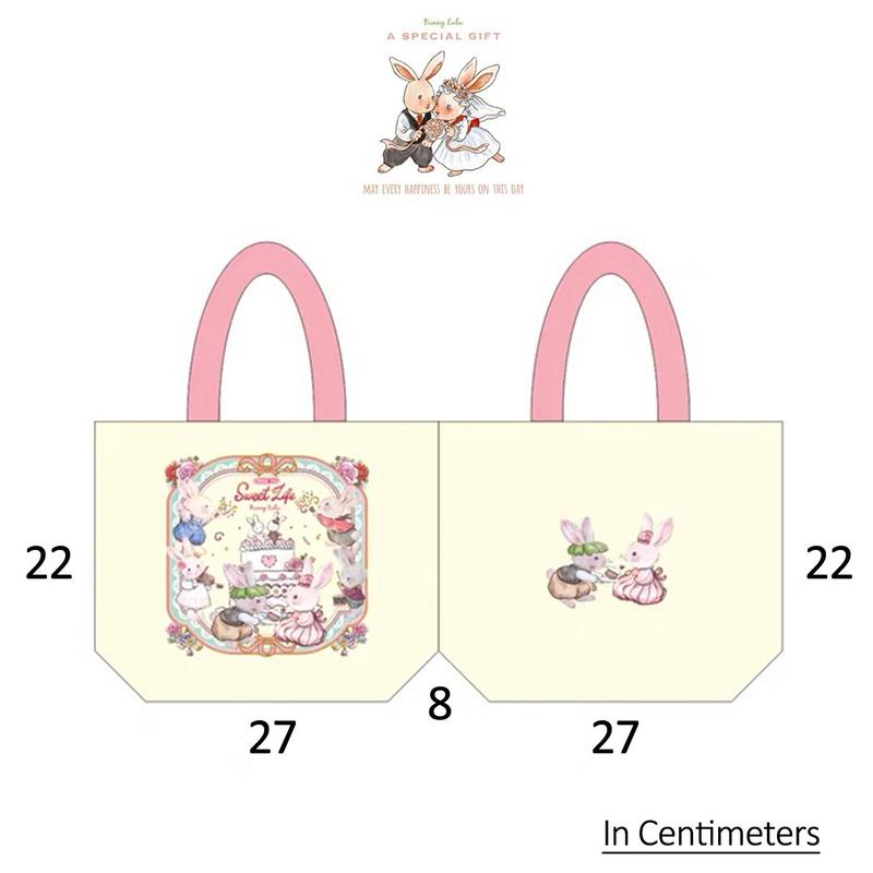 4 Pcs Christmas Bundle -  White & Pink Bunny PomPom Keychain with 2 Red Mini Canvas Tote Bag, Holiday Gift Set