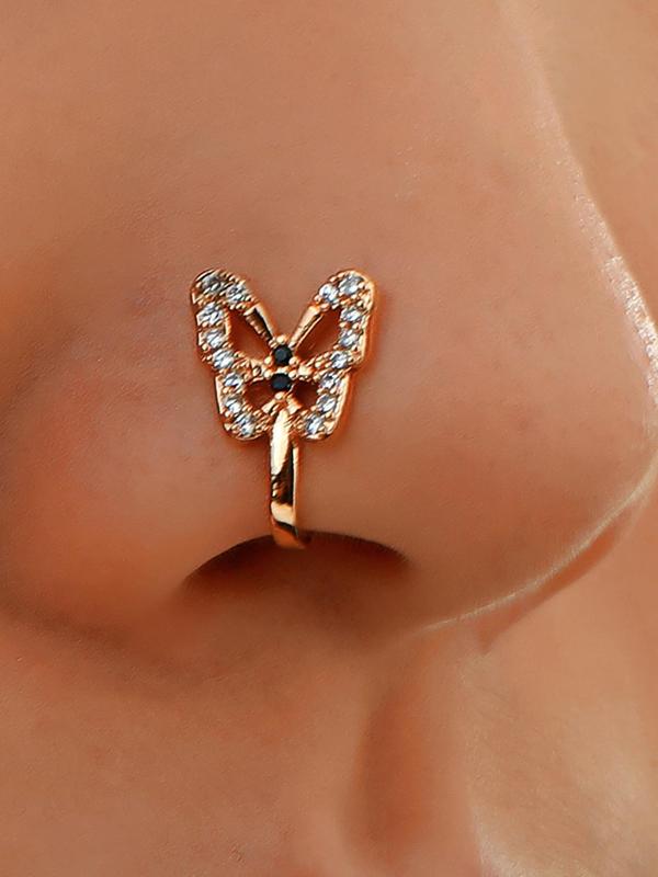 Rhinestone Butterfly Decor Nose Ring, U-shaped Fake Nose Ring, Summer 2024 Body Designer Piercing Jewelry for Women & Girls