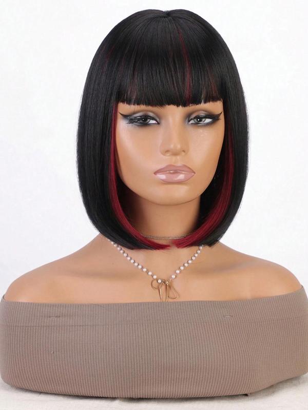 12 Inch Short Straight Black & Red Highlight Bob Wig with Bangs, Fashionable Gorgeous Fluffy Wigs for Women, Synthetic Full Machine Wigs for Party, Daily Use