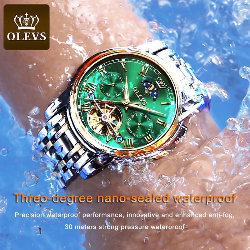 OLEVS Watch For Men Luxury Automatic Stainless Steel Skeleton Mechanical Men Watches Waterproof Moon Phase Wristwatch Men Watch