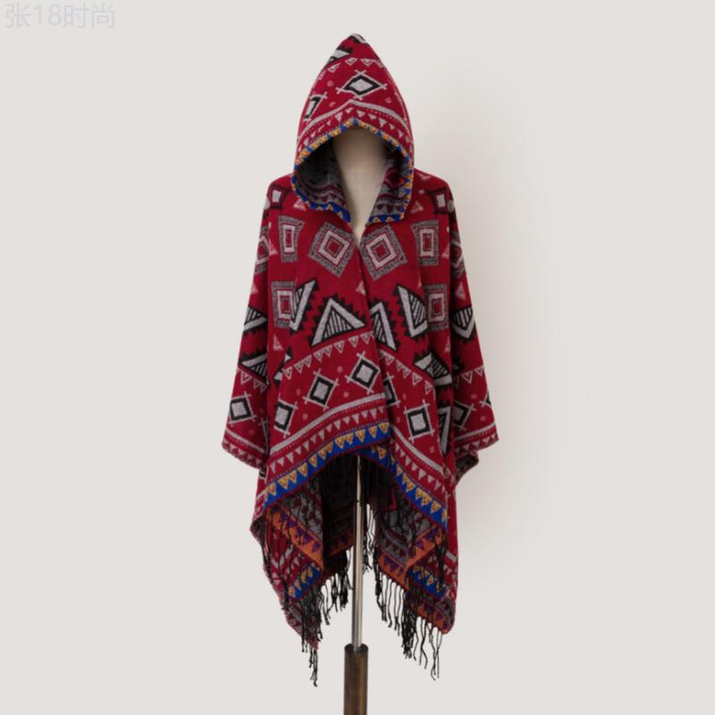 Cozy Oversized Hoodie Scarf Blanket Shawl - Fashion Scarves with Boho Geometric Print, Tassel, Warm, Windproof, Thick, and Cape Design for Outdoor Use