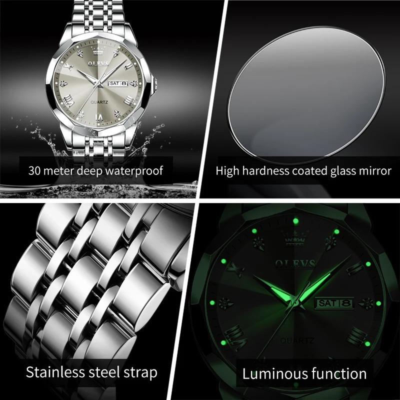 OLEVS Men's Watches Causal Fashion Original Quartz Watch for Man Waterproof Stainless Steel Luminous Date Week Trend Dress Reloj