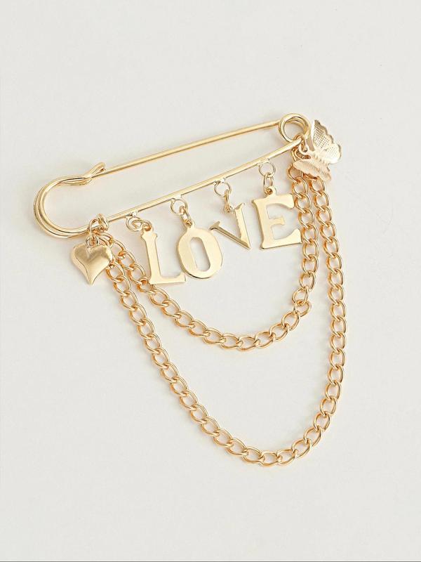 Women's Elegant Letter Love Design Brooch, Exquisite Trendy Chain Tassel Brooch, Fashionable Clothes Accessories for Women & Girls