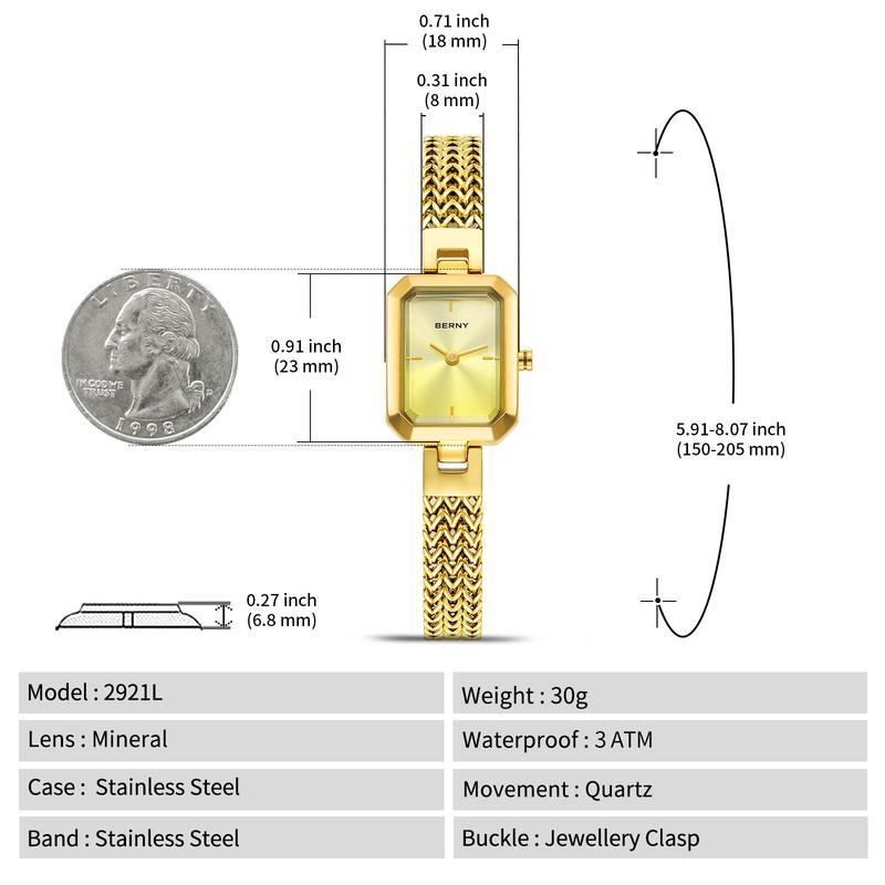 BERNY Gold Womens Watch Dainty Quartz Bracelet Watch All Stainless Steel Ladies Rectangle Mini Wristwatch Small Fashion 3ATM Waterproof Detachable Bracelet Watches for Women and Love Ones