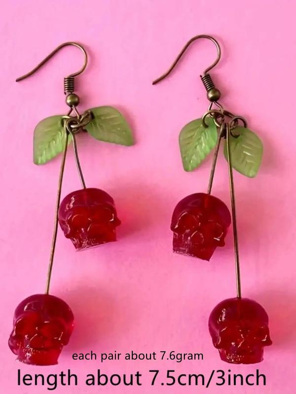 Creative Cherry Skull Design Dangle Earrings, Gothic Style Jewelry for Party, Trendy Holiday Jewelry Gift, Fashion Accessories