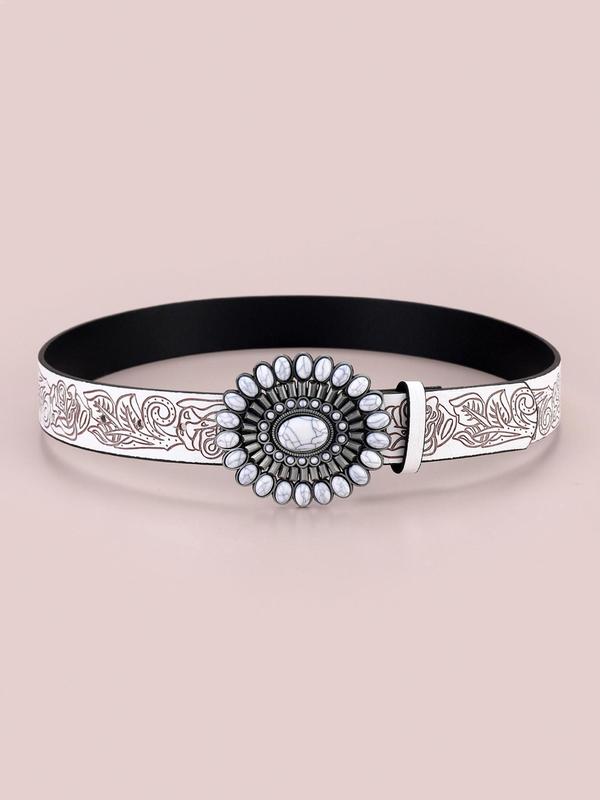 Fashion Random Embossed PU Buckle Belt, Punk White Turquoise Western Belt For Women & Men, All-match Clothes Accessories