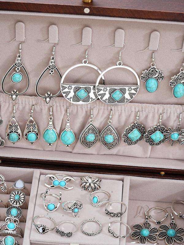 Boho Style Turquoise Decorated Jewelry Set, Vintage Style Jewelry Set Including Bracelet, Dangle Earrings, Ring, Fashion Accessories for Women