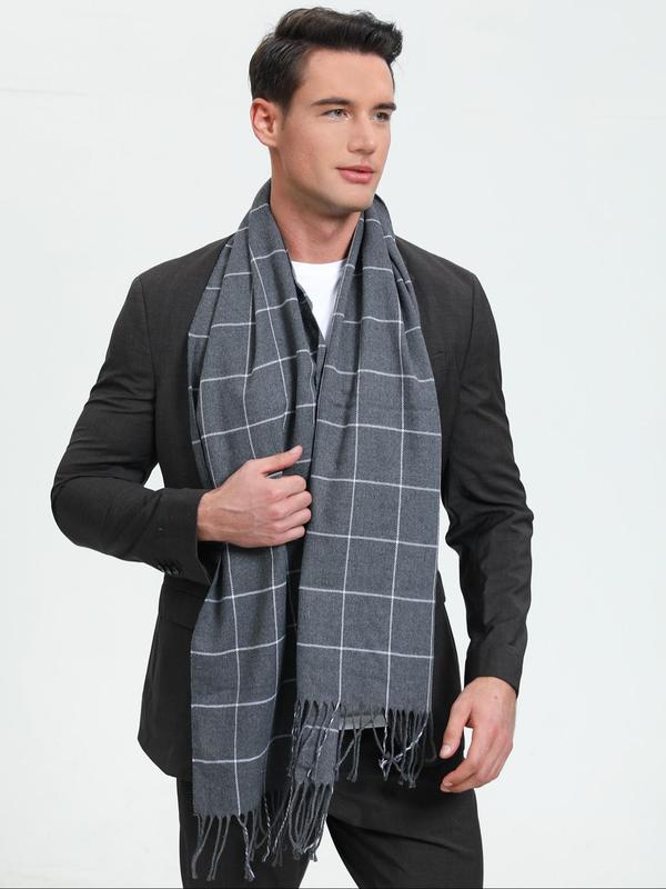 Men's Plaid Pattern Tassel Decor Scarf, Casual Soft Warm Shawl for Fall & Winter, Fashion Accessories for Men