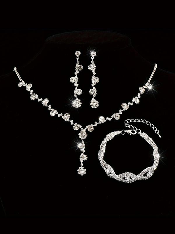 Women's Elegant Rhinestone Decorated Jewelry Set, Exquisite Trendy Dangle Earrings & Pendant Necklace & Bracelet, Fashionable Jewelry Set As Gift without Box