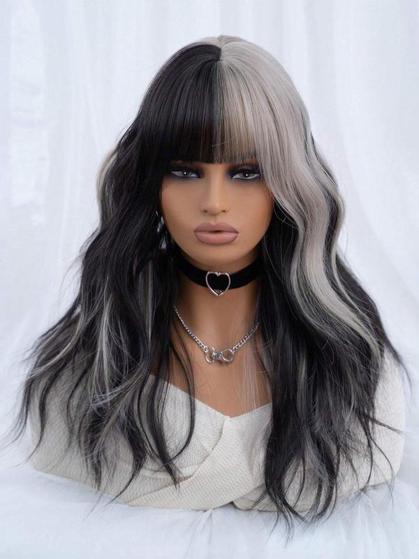 18 Inch Black & White Long Wavy Wigs for Women, Gorgeous Fluffy Wigs with Bangs, Synthetic Wigs for Party, Daily Use