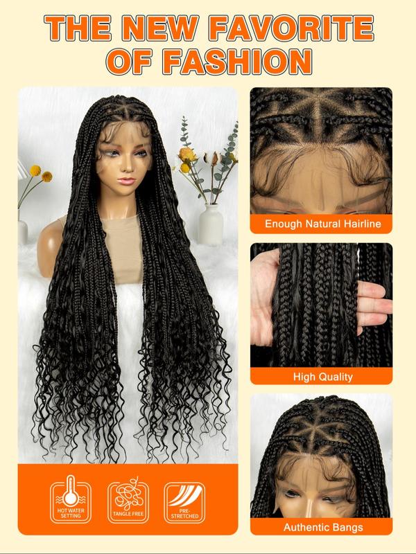 38 Inch Long Box Braids Curly Lace Wigs for Women, Gorgeous Fluffy Wigs with Baby Hair, Synthetic Braided Full Lace Wigs for Party, Daily Use