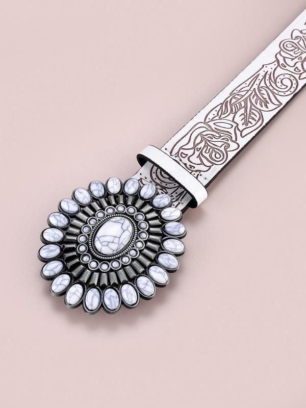 Fashion Random Embossed PU Buckle Belt, Punk White Turquoise Western Belt For Women & Men, All-match Clothes Accessories