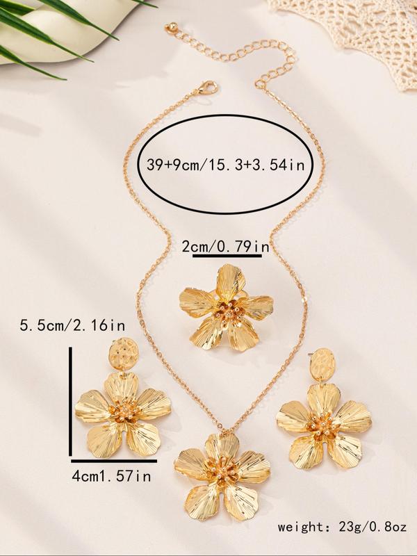 Women's Elegant Flower Design Pendant Necklace & Dangle Earrings & Ring, Exquisite Trendy Jewelry Set, Fashionable Accessories for Women & Girls