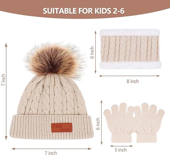 Winter Hats for women Festive winter knitted hat kit featuring pom - poms. This 3 - in - 1 warm set encompasses a thick hat, a cozy scarf, and touchscreen gloves. It's perfect for ladies during cold - day outings.