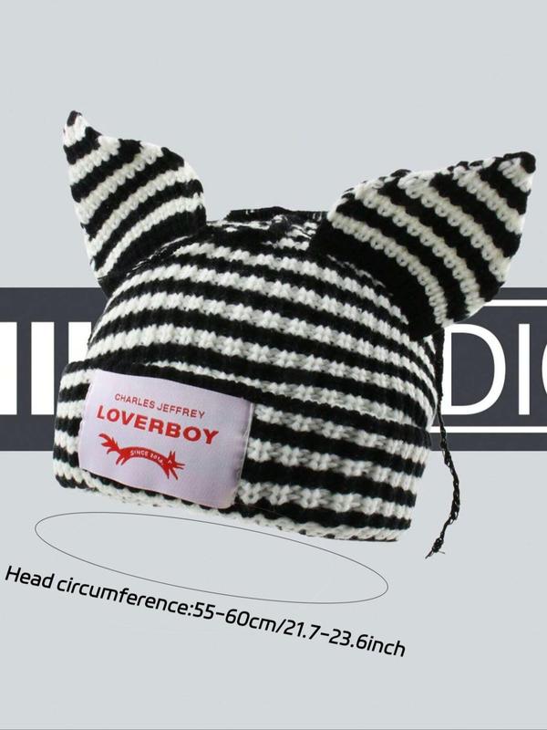 Cute Fox Ear Design Beanie Hat, Striped Pattern Knitted Hat with Letter Patch, Fashion Accessories for Women & Men for Outdoor Activities