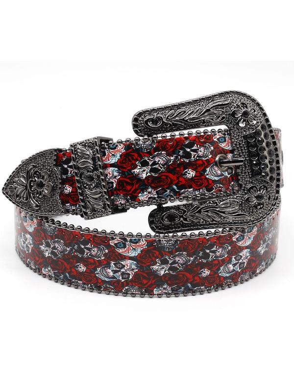 Fashion Rhinestone Decor Floral & Skull Pattern PU Buckle Belt, Punk Style Flower Design Belt for Men & Women, All-match Goth Accessories for Party, Daily Clothing Decor As Birthday Gift