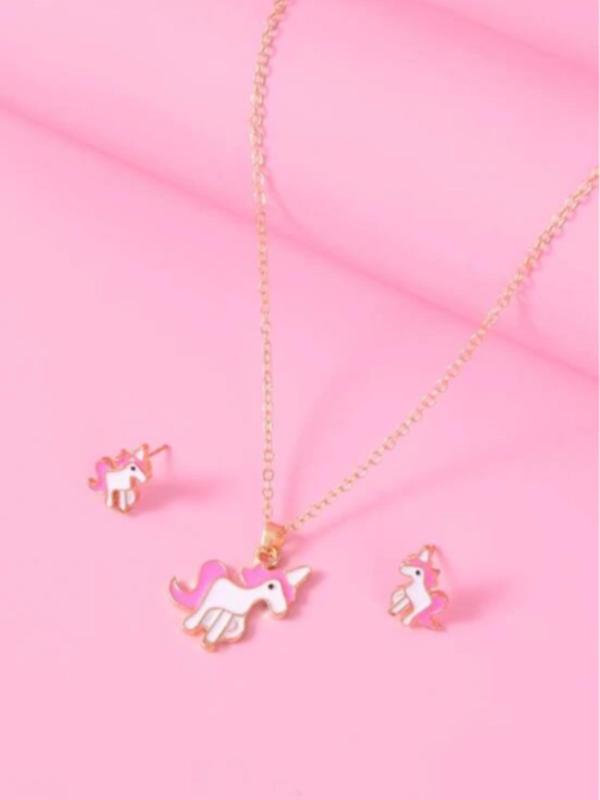 3pcs set Women's Cute Colorful Cartoon Jewelry Set, Trendy Unicorn Design Stud Earrings & Pendant Necklace, Gorgeous Jewelry Set As Birthday Gift for Girlfriend