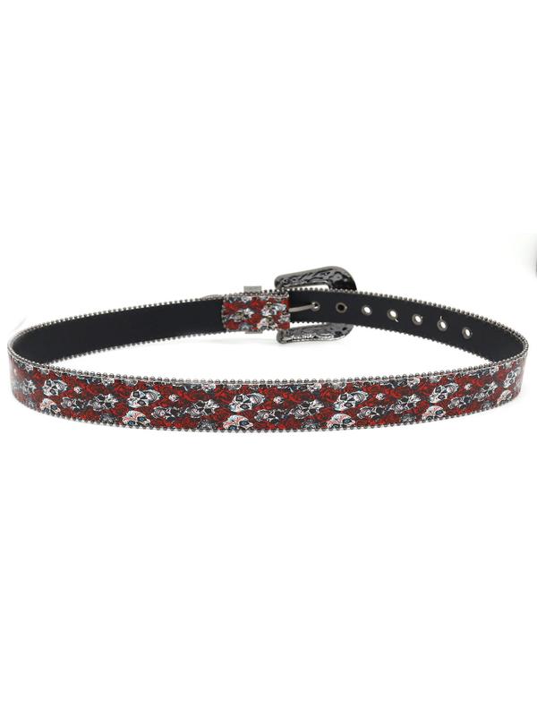 Fashion Rhinestone Decor Floral & Skull Pattern PU Buckle Belt, Punk Style Flower Design Belt for Men & Women, All-match Goth Accessories for Party, Daily Clothing Decor As Birthday Gift