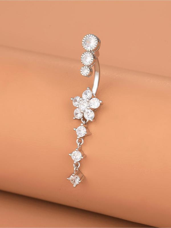 Flower Design Belly Ring, Elegant Rhinestone Decor Belly Piercing Jewelry for Women, Fashion Accessories for Party, Daily Clothing Decor