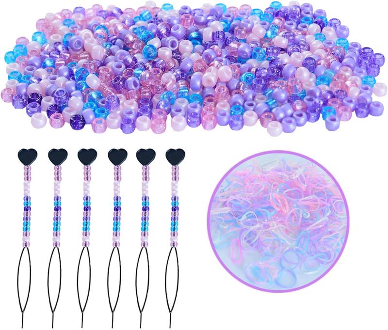 1606 count Beads Kit for Hair Braids Including 600 count 9x6mm Pony Beads,1000pcs Elastic Rubber Bands, and 6 count Quick Beaders Hair Beads for Braids for Girls