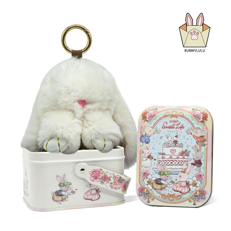 4 Pcs Christmas Bundle -  White & Pink Bunny PomPom Keychain with 2 Red Mini Canvas Tote Bag, Holiday Gift Set