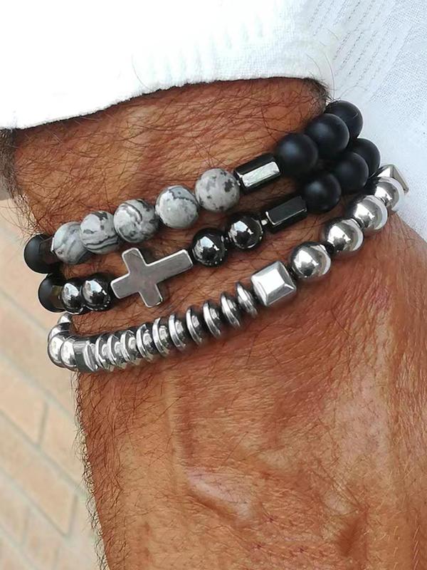 Men's Street Trend Beaded & Cross Charm Bracelets, Trendy Minimalist Matching Bracelets, Chic Hip Hop Vintage Matching Bracelet  As Gift for Boyfriend, Cool Male Accessories Fall