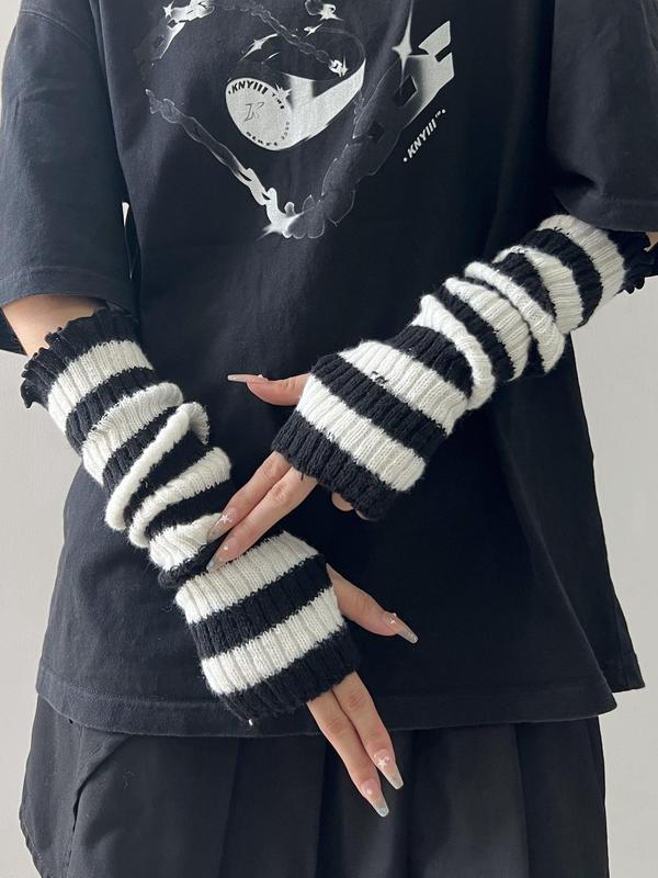 Women's Colorblock Striped Pattern Arm Warmers, Cute Warm Fingerless Gloves for Fall & Winter, Fashion Accessories for Women & Girls