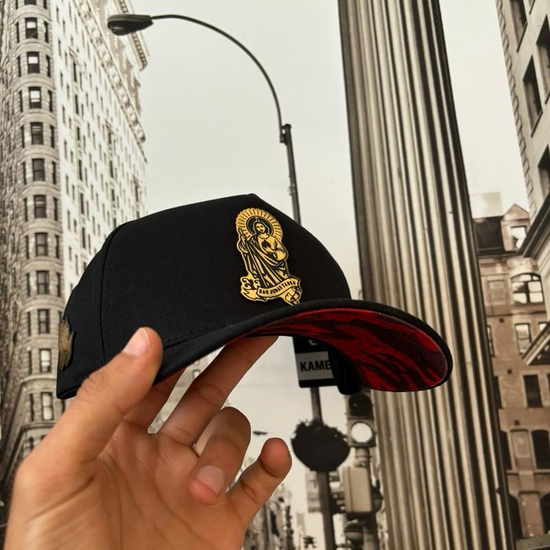 San Judas Tadeo Snapback Hat with Red Camo Undervisor in Black Color