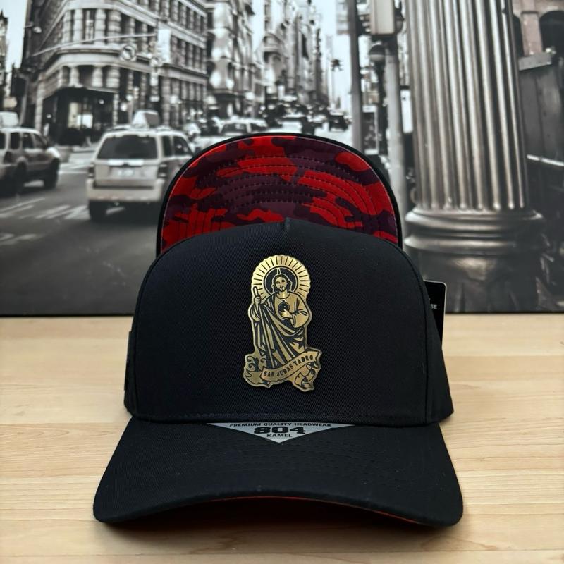 San Judas Tadeo Snapback Hat with Red Camo Undervisor in Black Color