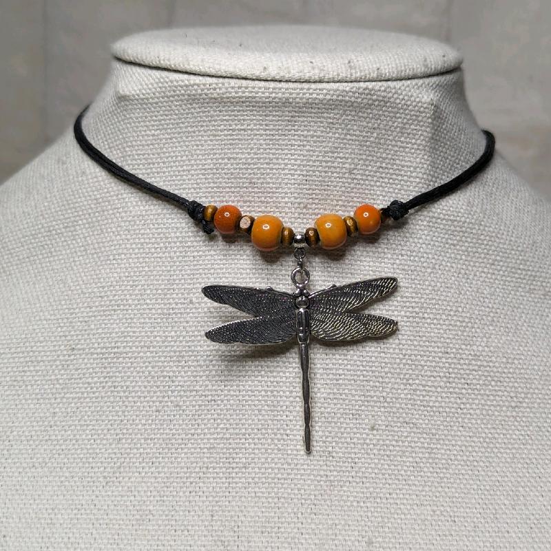 Ceramic Beaded Dragonfly Boho Hippie Whimsical Adjustable Black Rope Cord Choker Stacking Necklace