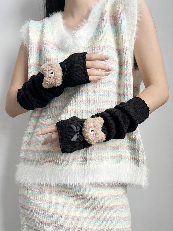 Cute Bear Patched Design Gloves, Women's Bow Decor Warm Gloves for Fall & Winter, Fashion Accessories for Women & Girls