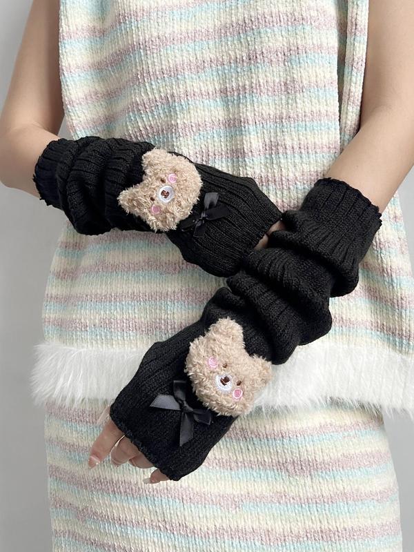 Cute Bear Patched Design Gloves, Women's Bow Decor Warm Gloves for Fall & Winter, Fashion Accessories for Women & Girls