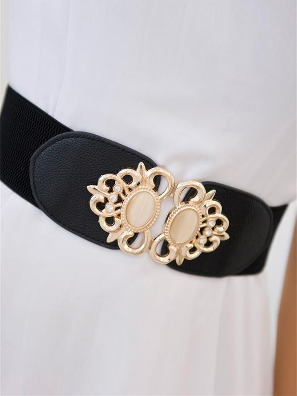 Women's Elegant Rhinestone Decorated Wide Belt, Trendy Elastic Symmetrical Buckle Belt for Jeans & Dress, Fashion Accessories for Daily Use