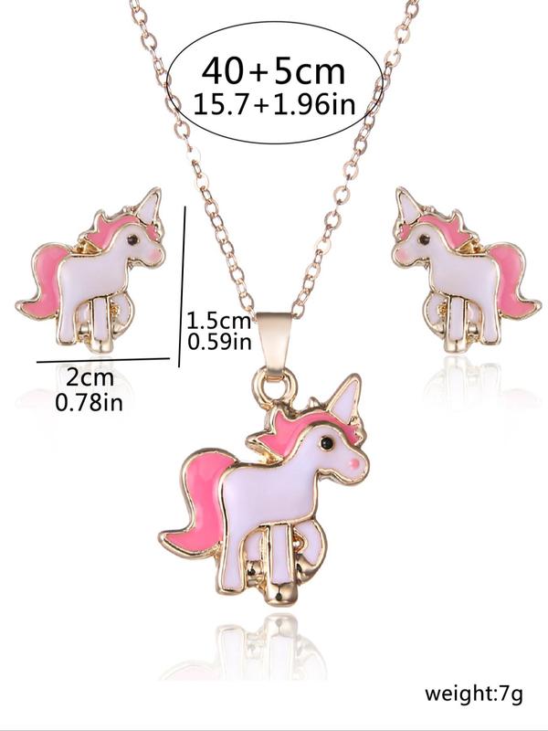 3pcs set Women's Cute Colorful Cartoon Jewelry Set, Trendy Unicorn Design Stud Earrings & Pendant Necklace, Gorgeous Jewelry Set As Birthday Gift for Girlfriend